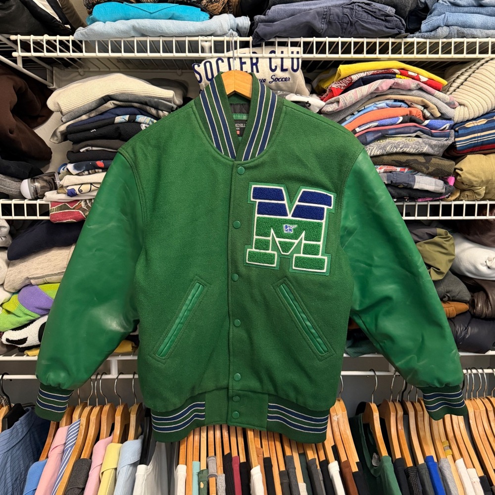 Vintage Green Letterman Varsity Jacket Mens XS Bomber Quilted Patch Wool Leather